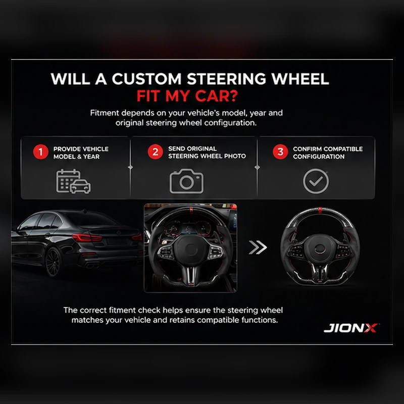 Custom steering wheel fitment check using vehicle model year and original steering wheel photo