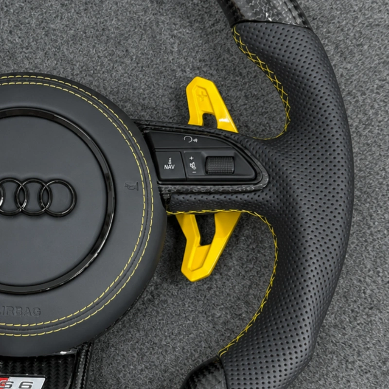 Yellow carbon shift paddles and multifunction buttons for Audi RS LED custom steering wheel replacement