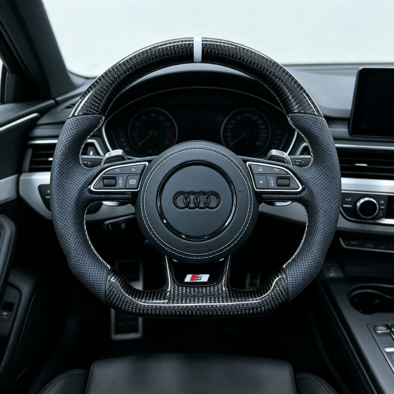 Flat bottom carbon fiber perforated leather steering wheel Audi interior upgrade JIONX