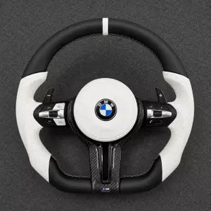 Black and white carbon fiber flat-bottom steering wheel for BMW 2 Series with perforated leather and paddle shifters