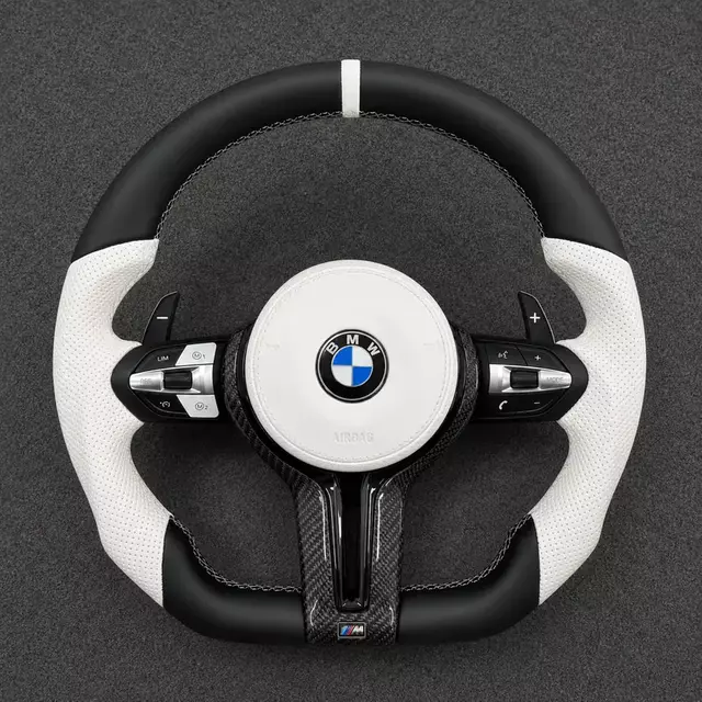 Black and white carbon fiber flat-bottom steering wheel for BMW 2 Series with perforated leather and paddle shifters