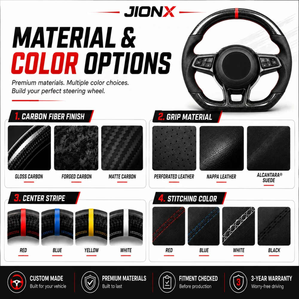 Toyota custom steering wheel material and color options with carbon fiber leather Alcantara stitching and center stripe