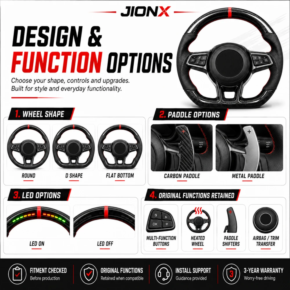 Toyota custom steering wheel design options with flat bottom paddle shifters LED display and original functions