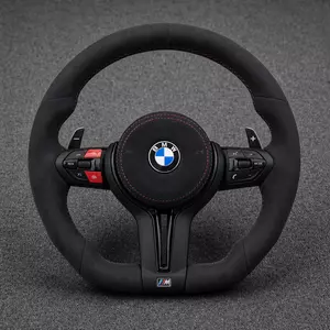 BMW F Series black Alcantara steering wheel with red stitching, red buttons, multifunction controls and paddle shifters