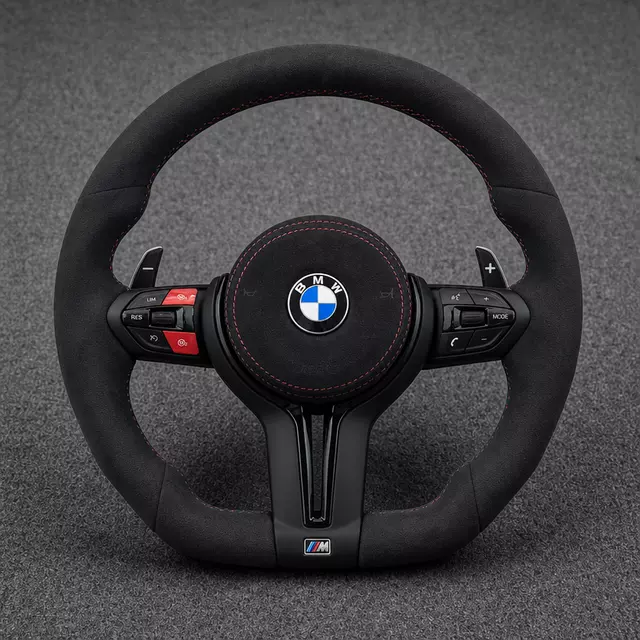 BMW F Series black Alcantara steering wheel with red stitching, red buttons, multifunction controls and paddle shifters