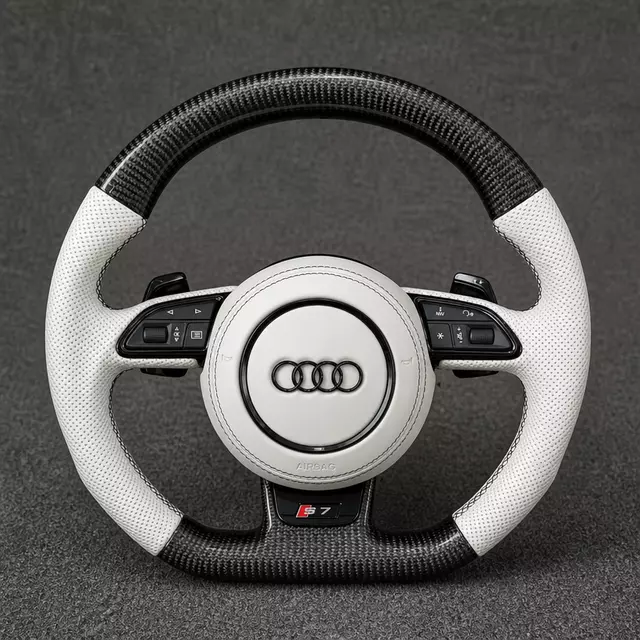 Audi A4 A5 B8 custom carbon fiber steering wheel with white perforated Nappa leather, black stitching and flat bottom