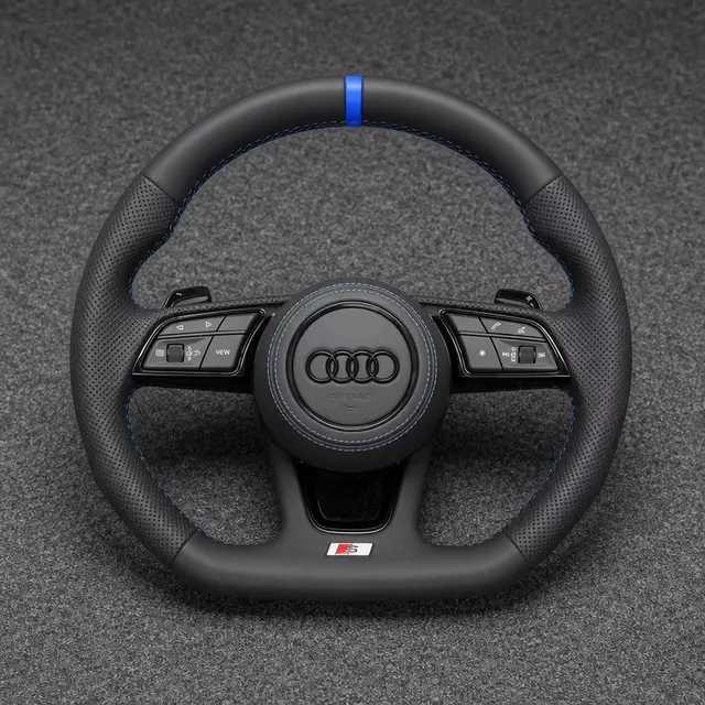 Custom Audi Q3 8U black Nappa leather flat-bottom wheel with perforated grips, blue stitching and center stripe