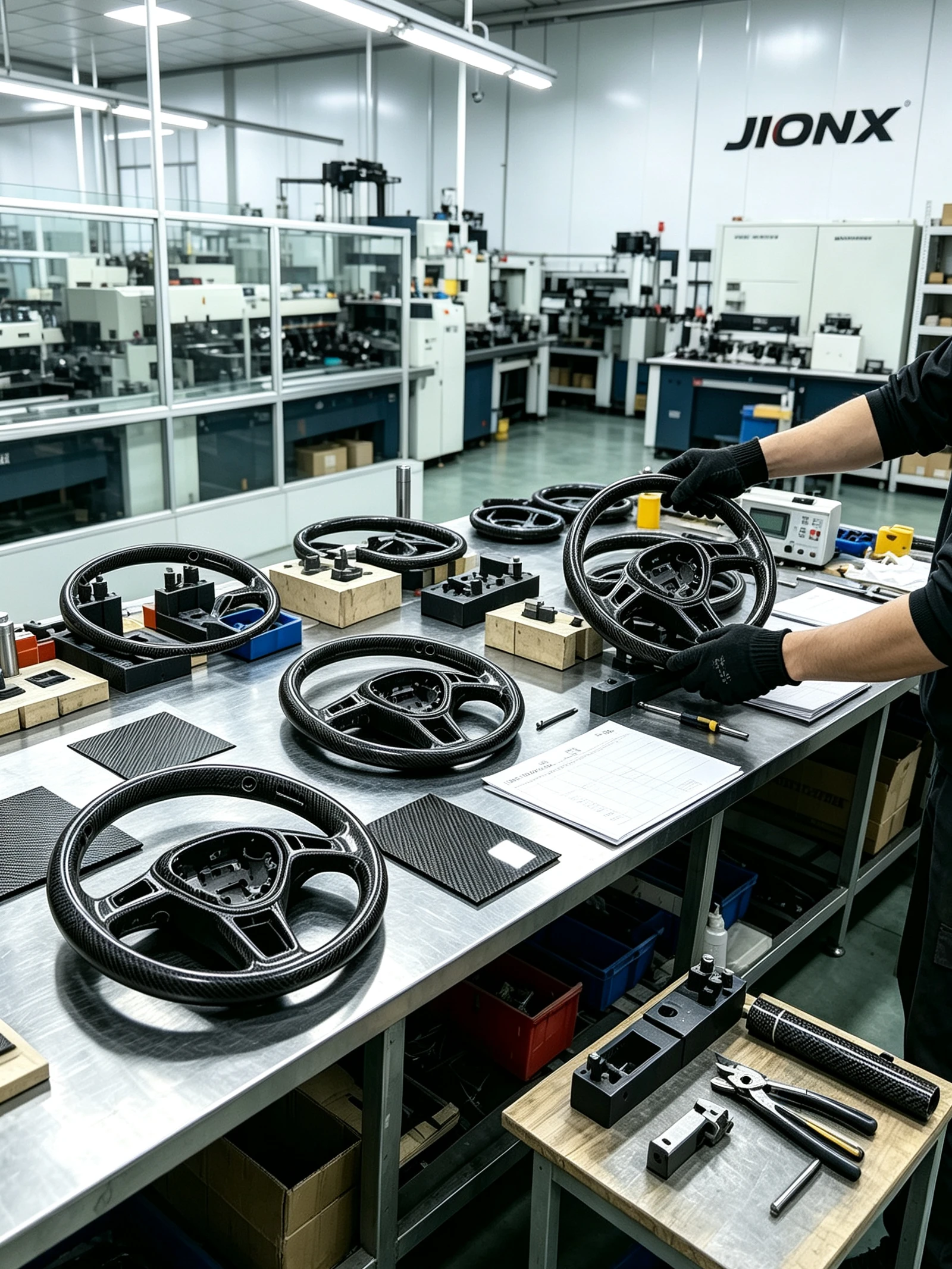 Workers process carbon fiber steering wheel blanks in JIONX factory workshop