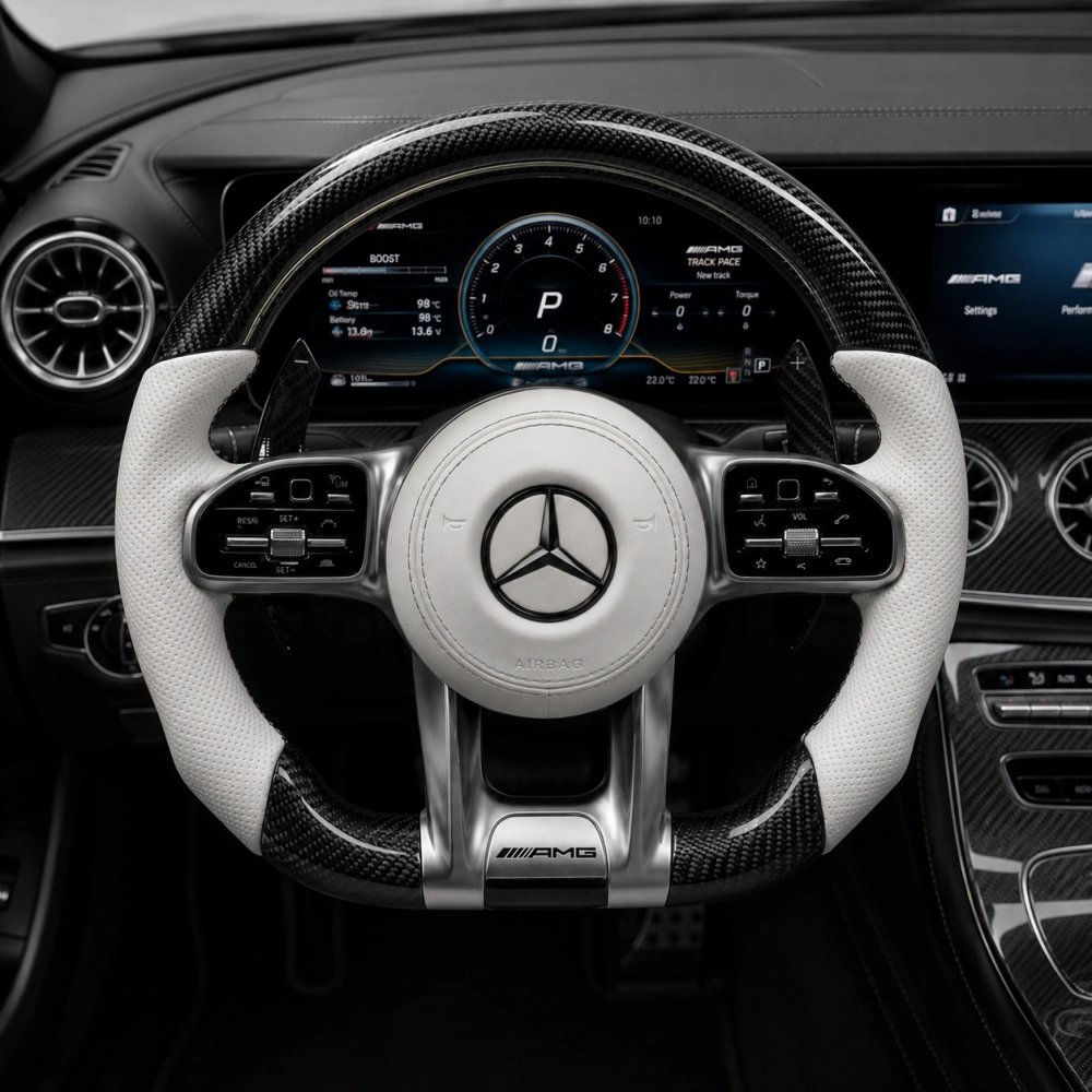 White Leather Carbon Fiber AMG Steering Wheel for Mercedes Benz CLA GLC GLE GLB GLS C63 E63 S63 CLS63 G63