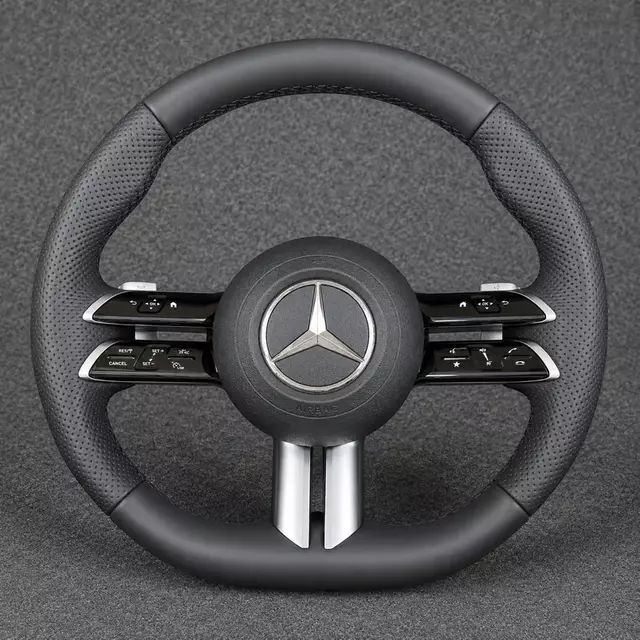 Mercedes C/E dragonfly-style round perforated Nappa leather wheel with silver twin-bar controls and paddles