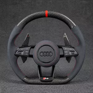 Audi A3 R8-style real carbon fiber Alcantara flat-bottom wheel with red stripe, stitching and extended paddles