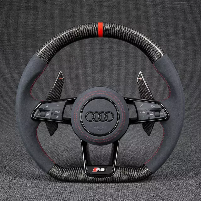 Audi A3 R8-style real carbon fiber Alcantara flat-bottom wheel with red stripe, stitching and extended paddles