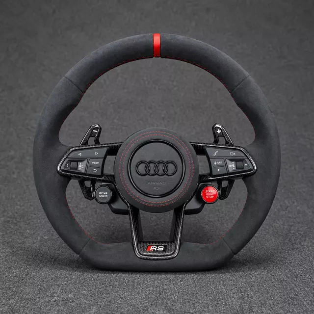 Custom Audi A4/A5 R8-style Alcantara flat-bottom steering wheel with red stripe, stitching, RS buttons and paddles