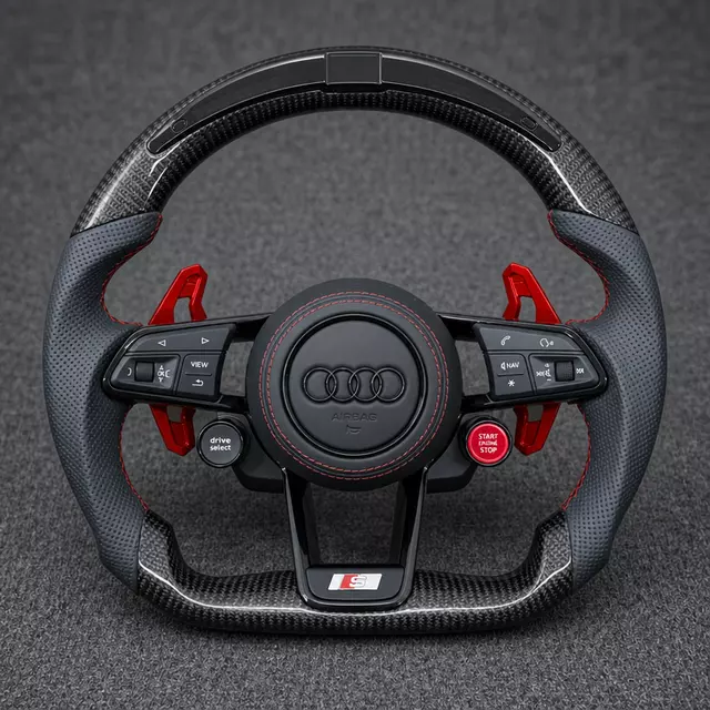Audi Q5 SQ5 custom R8-style carbon fiber LED steering wheel with perforated leather and red paddle shifters
