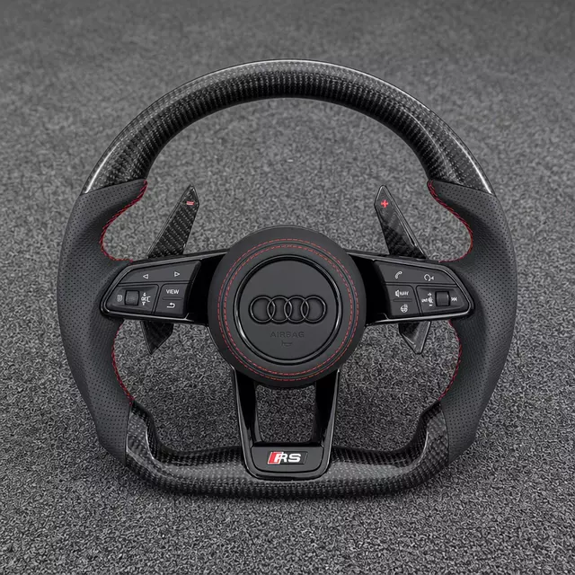 Audi A6/A7 R8-style carbon fiber perforated leather flat-bottom wheel with red stitching and carbon paddles