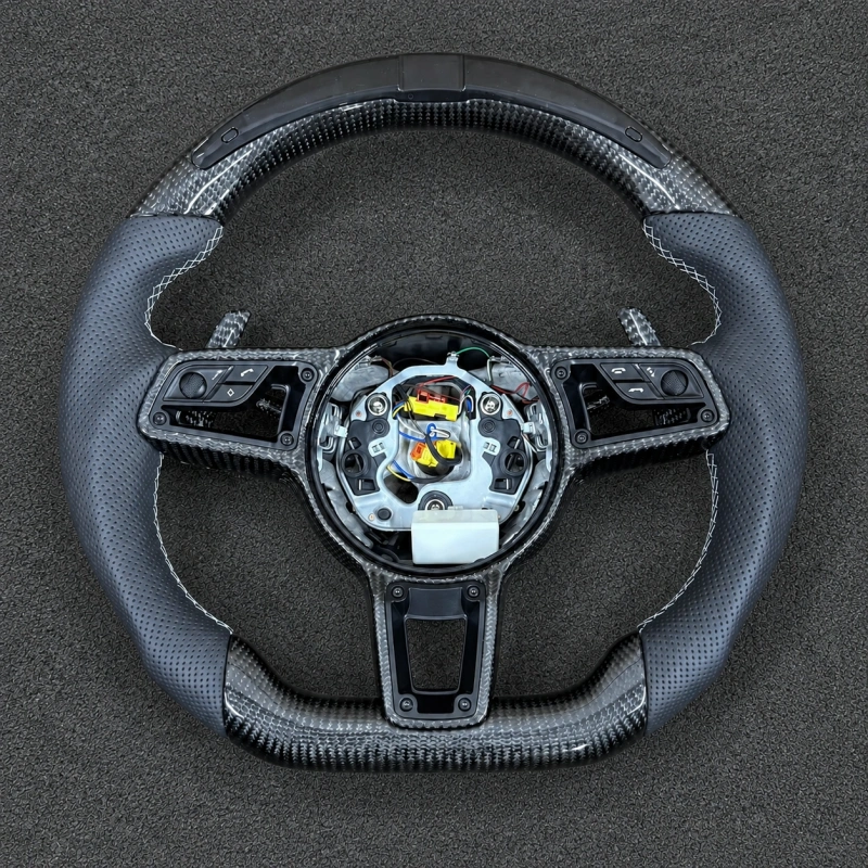 Custom genuine leather and carbon fiber steering wheel with LED indicators suitable for Porsche Macan Cayenne Panamera 911 and other models