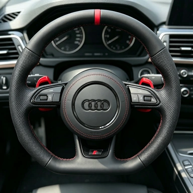 JIONX Audi Flat Bottom Sport Steering Wheel Semi Perforated Leather Red Paddle Shifters for A3 A4 A5 A6 S3 S4 S5 RS Models