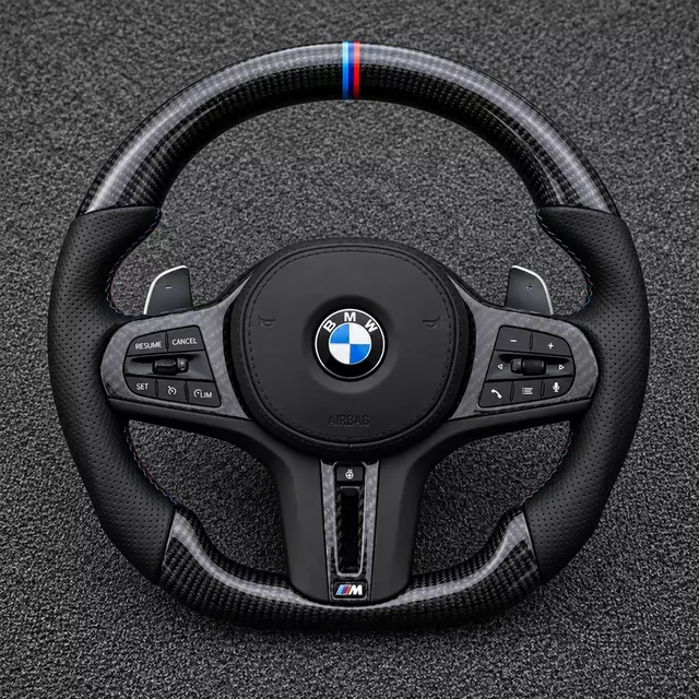 BMW E46 M3 custom carbon fiber steering wheel with perforated leather and M center stripe
