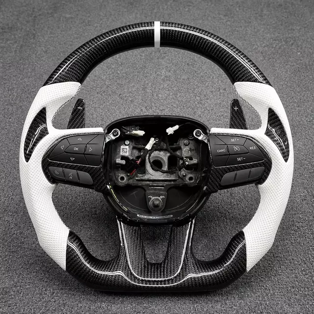 Dodge real carbon fiber flat-bottom steering wheel with white perforated Nappa leather and white stripe