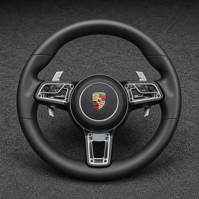Porsche Cayenne custom black Nappa leather steering wheel with silver trim and paddle shifters