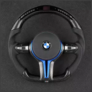Custom real carbon fiber steering wheel for BMW X7 G07 with blue leather grip and premium styling