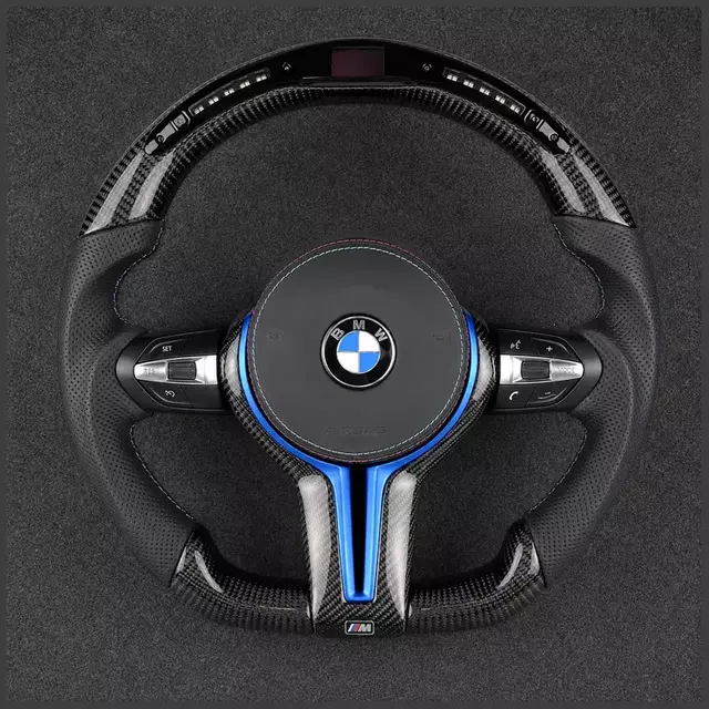 Custom real carbon fiber steering wheel for BMW X7 G07 with blue leather grip and premium styling