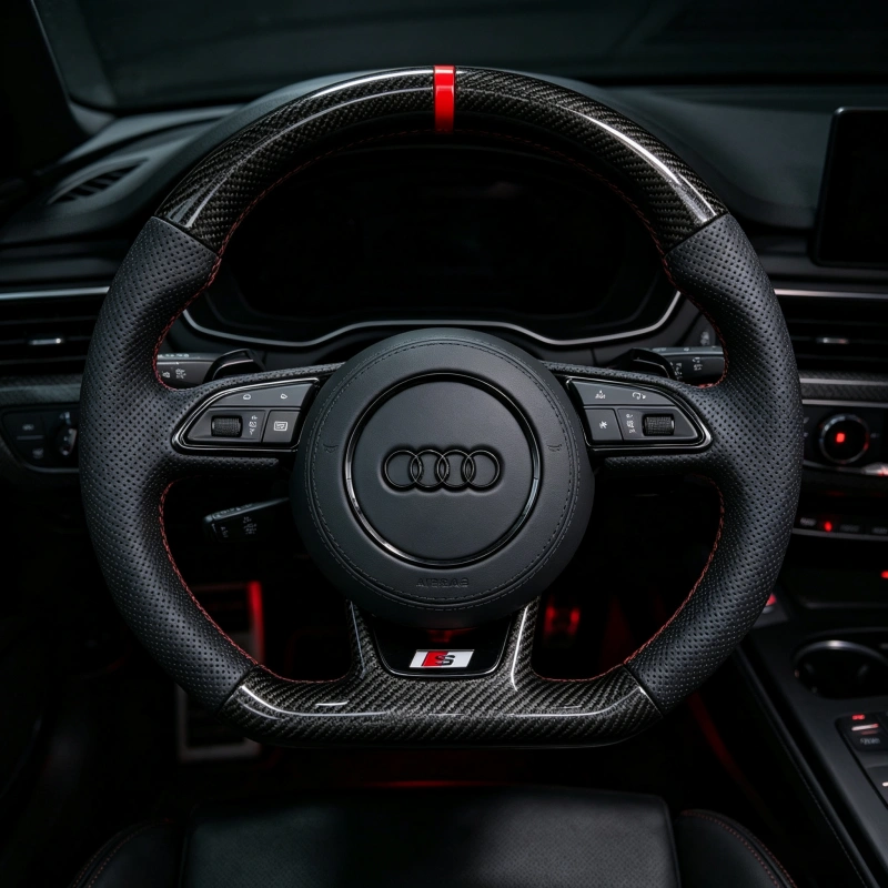 Audi carbon fiber flat bottom steering wheel installed interior with red stitching