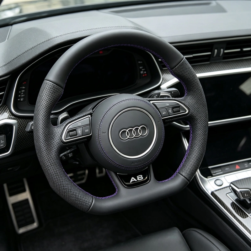 Installed effect of black perforated Nappa flat bottom steering wheel with purple stitch fit Audi A6 A7 A8 RS series JIONX