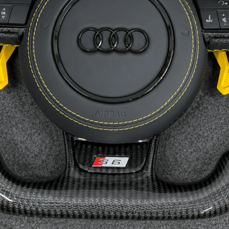 Flat D-bottom carbon fiber frame with badge for Audi A4 RS LED semi perforated leather steering wheel