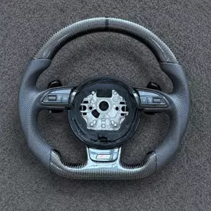 Gloss Carbon Fiber Gray Perforated Leather Flat Bottom Sport Steering Wheel For Audi A4 A5 S4 S5 RS5 2008-2017