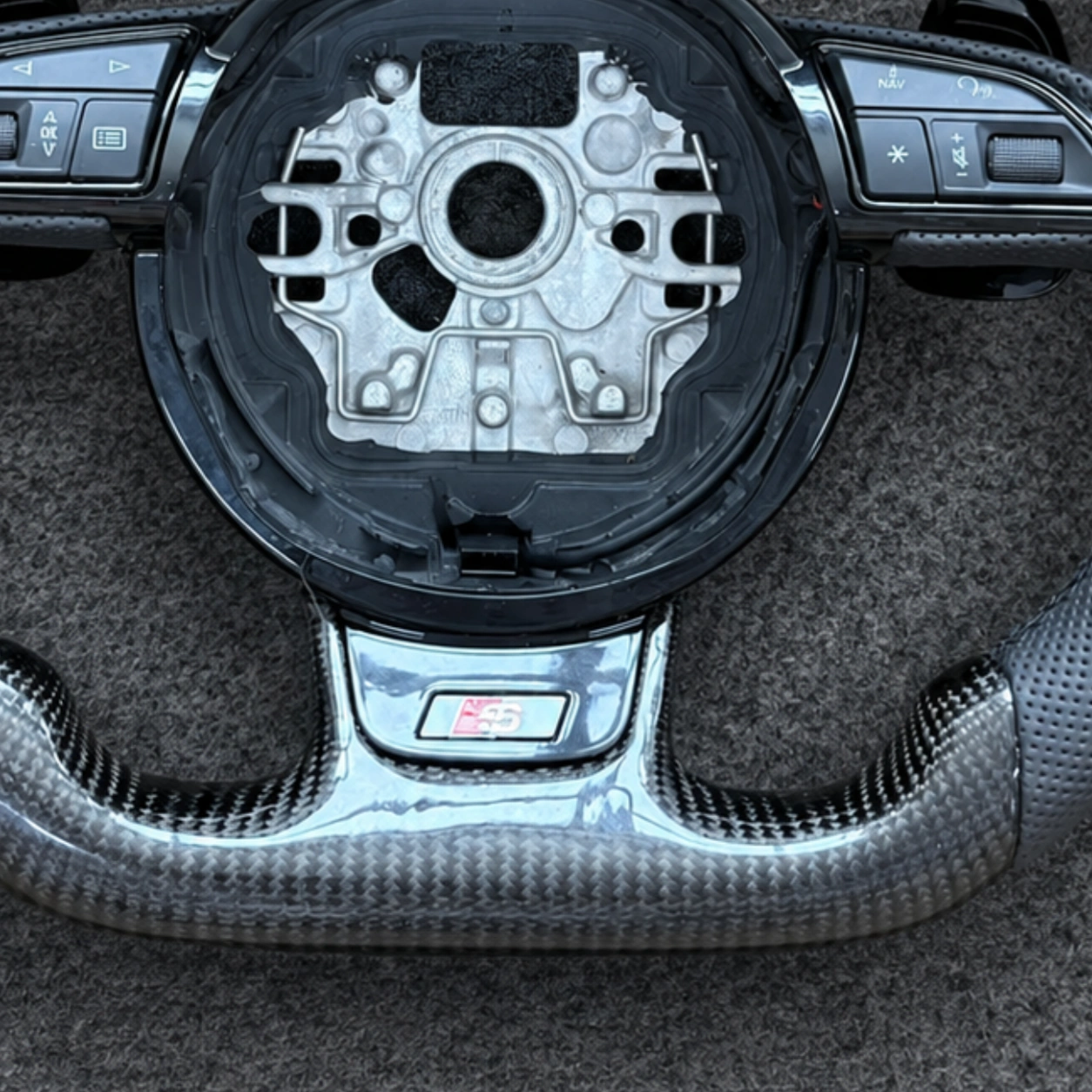 Audi S Badge Carbon Bottom Trim Flat Bottom Steering Wheel Detail