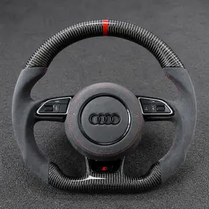 Custom Audi A6 A7 carbon fiber Alcantara flat-bottom steering wheel with red stitching and red center stripe