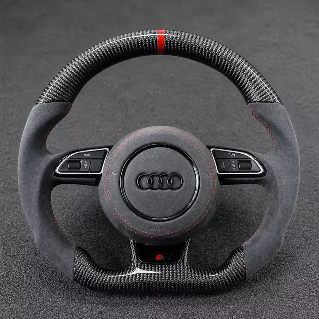 Custom Audi A6 A7 carbon fiber Alcantara flat-bottom steering wheel with red stitching and red center stripe