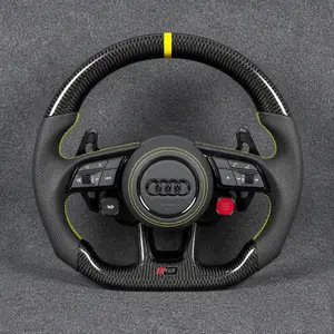 Custom Audi Q3 8U carbon fiber flat-bottom wheel with perforated Nappa leather, yellow stitching and center stripe