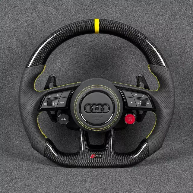 Custom Audi Q3 8U carbon fiber flat-bottom wheel with perforated Nappa leather, yellow stitching and center stripe