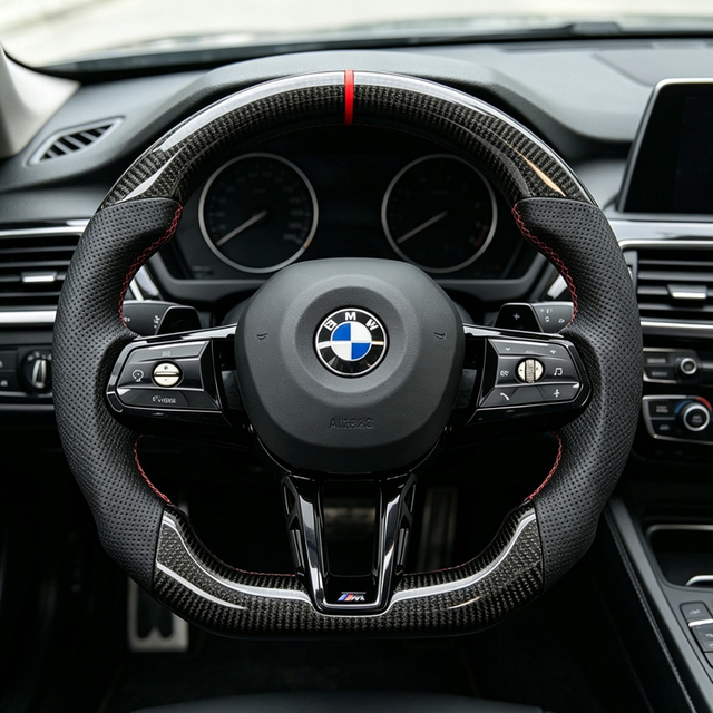 For BMW G20 G21 G80 G81 G22 G26 G30 G32 G87 G80 G01 G02 G05 G06 G07 Leather Steering Wheel With Carbon Frame Flat Bottom CS Style