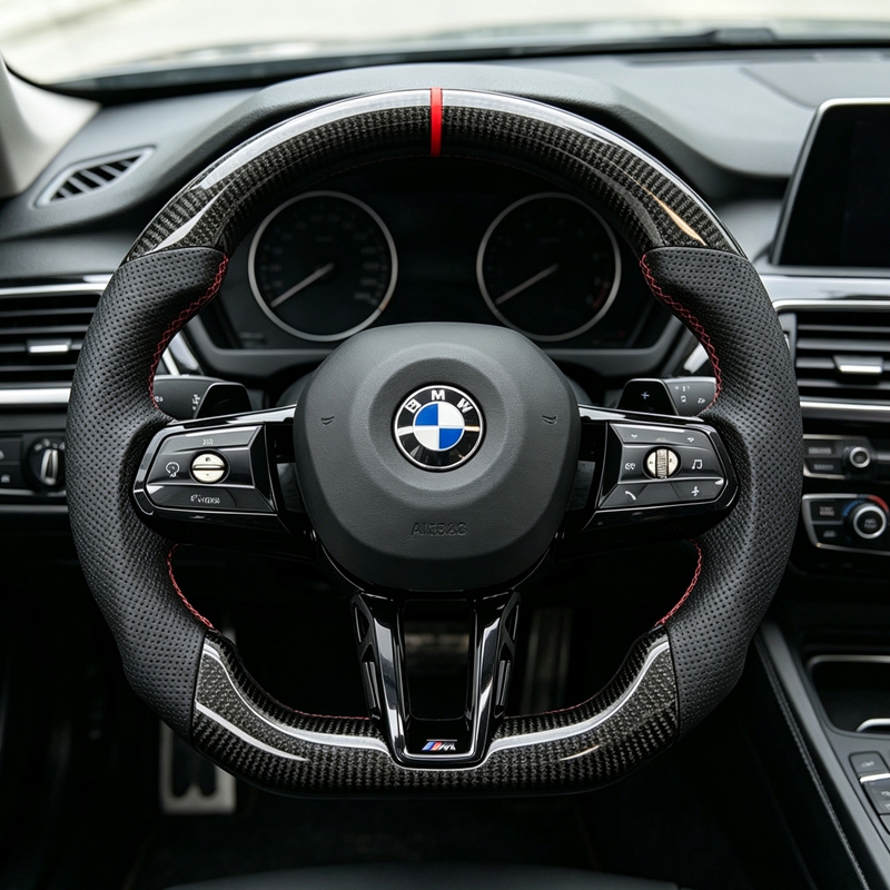 For BMW G20 G21 G80 G81 G22 G26 G30 G32 G87 G80 G01 G02 G05 G06 G07 Leather Steering Wheel With Carbon Frame Flat Bottom CS Style