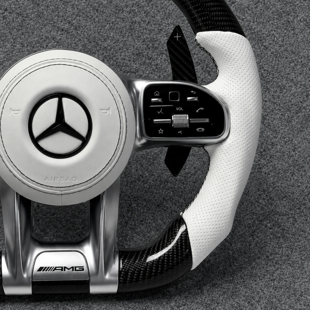Custom AMG Performance Steering Wheel for Mercedes Benz CLA GLC GLB GLE GLS C63 E63 CLS63 S63 G63 Carbon Fiber White Leather