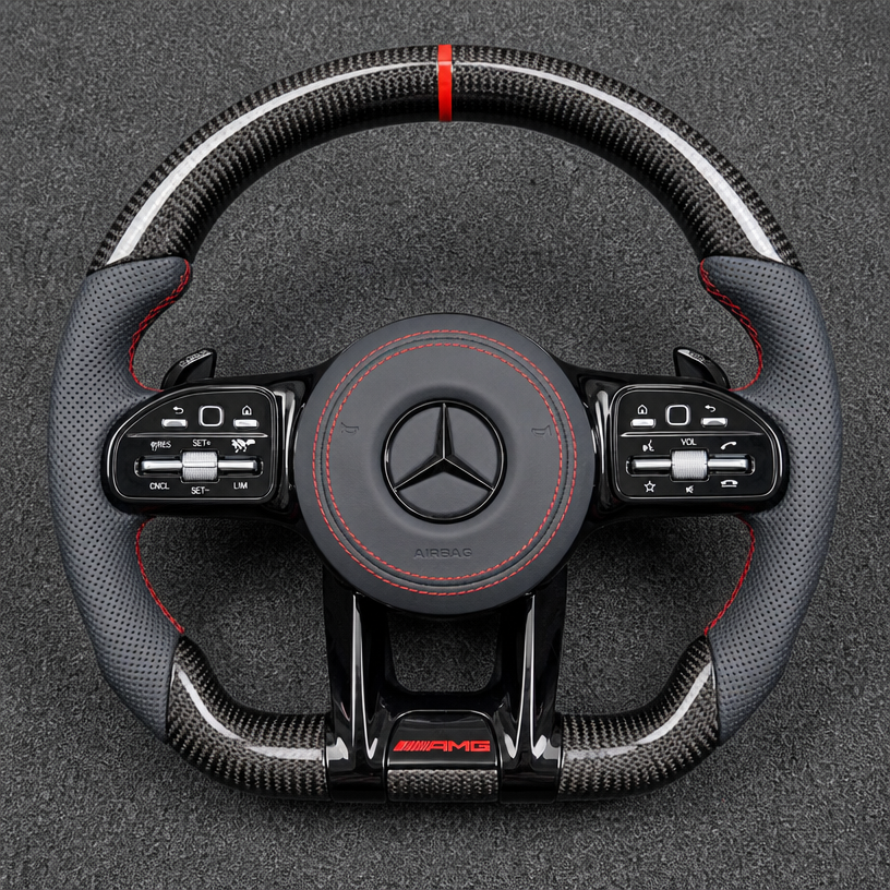 Mercedes A B C E S GLC GLE 2003-2026 W203-W206 W211-W214 Nappa Alcantara Custom Real Carbon Fiber LED AMG Wheel -JIONX