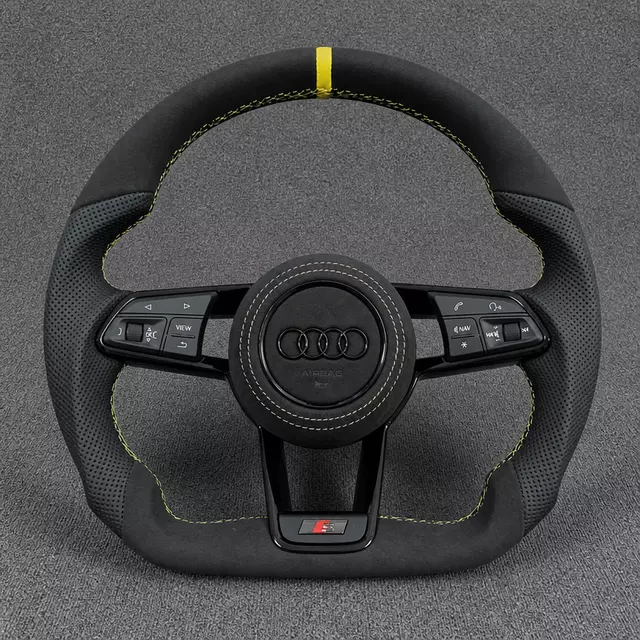 Audi A4/A5 R8-style Alcantara and perforated leather flat-bottom wheel with yellow stripe and stitching