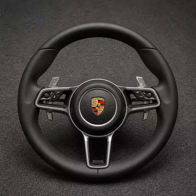 Porsche Taycan custom black leather steering wheel with multifunction buttons