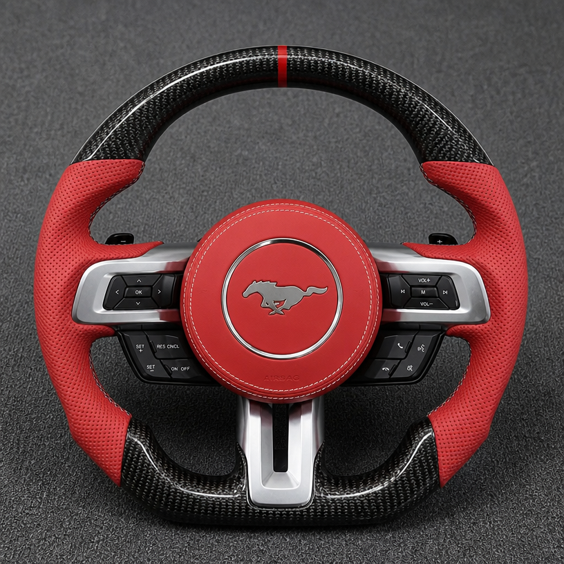 For Ford Mustang S550 S650 2015–2026 Nappa Leather Custom Real Carbon Fiber LED Steering Wheel -JIONX