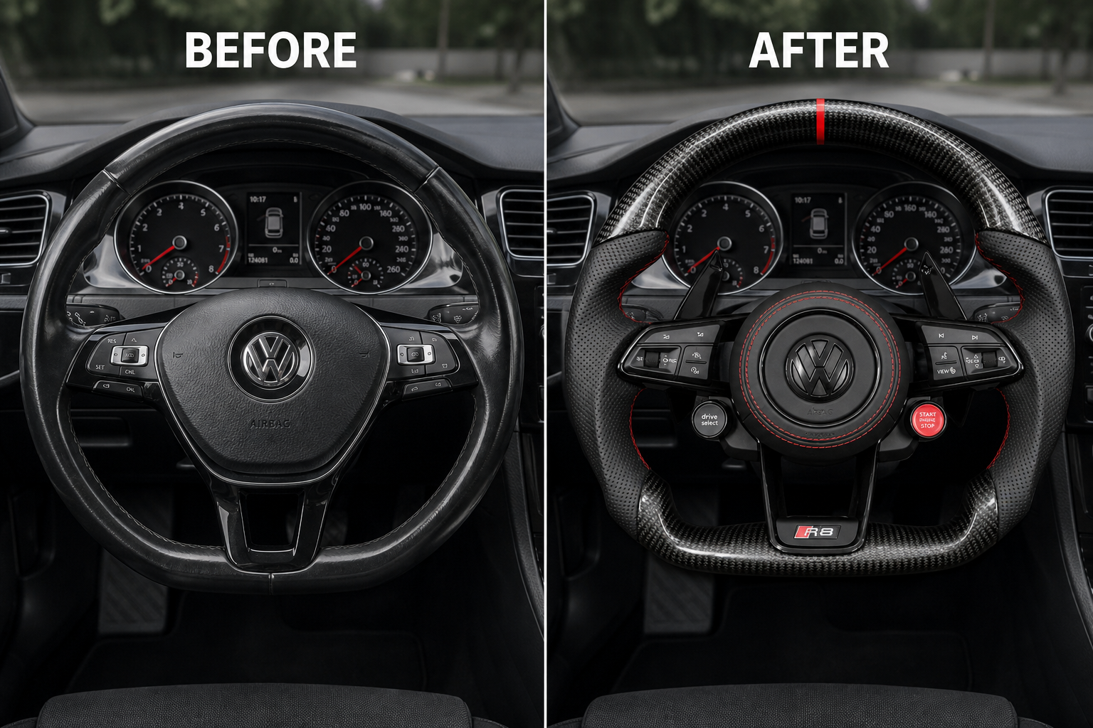 Before and after Volkswagen Golf MK7 GTI custom flat bottom steering wheel replacement in perforated Nappa leather and carbon fiber