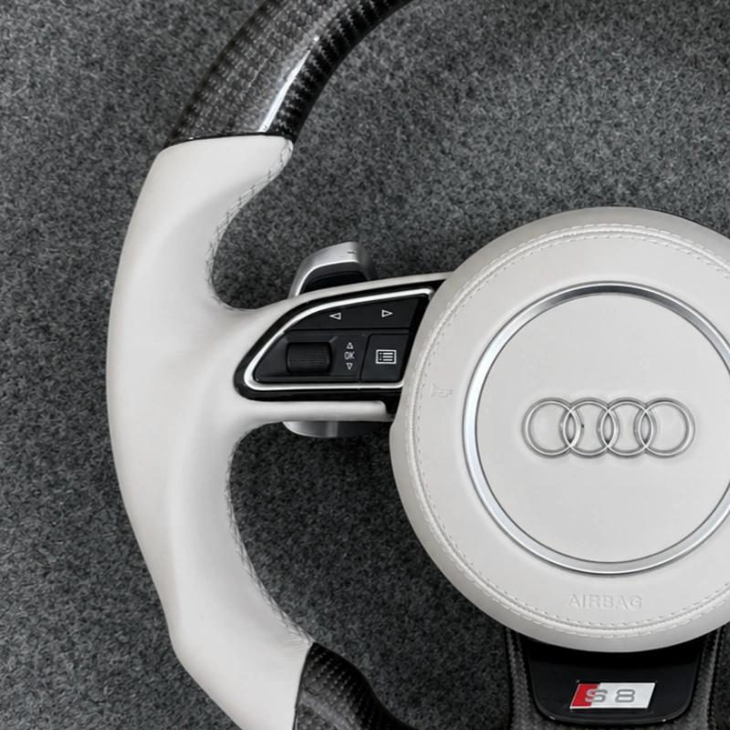Smooth white leather grip detail two tone gloss carbon flat bottom sport steering wheel fit Audi S RS