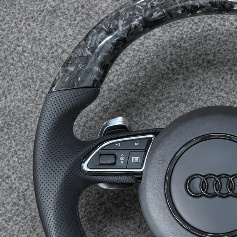 Breathable semi perforated leather grip non slip handle detail for Audi aftermarket RS steering wheel