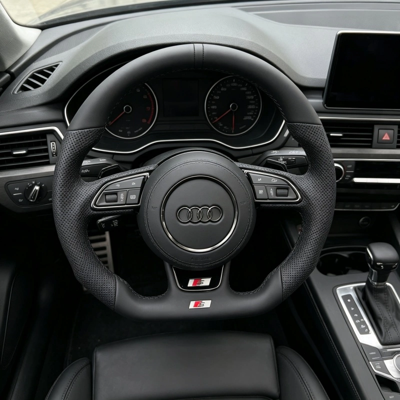 JIONX Flat Bottom Suede Top Leather Steering Wheel Installed On Audi Full Series Interior Refit