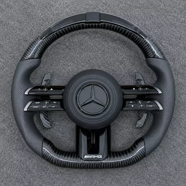 Mercedes Benz AMG GT LED Carbon Fiber Steering Wheel with Gray Perforated Leather W205 W212 W190 W166 W177 W214 W216 W217 W218 W222 W253 W257 W463 W464