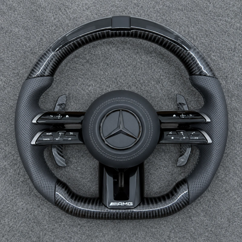 Mercedes Benz AMG GT LED Carbon Fiber Steering Wheel with Gray Perforated Leather W205 W212 W190 W166 W177 W214 W216 W217 W218 W222 W253 W257 W463 W464