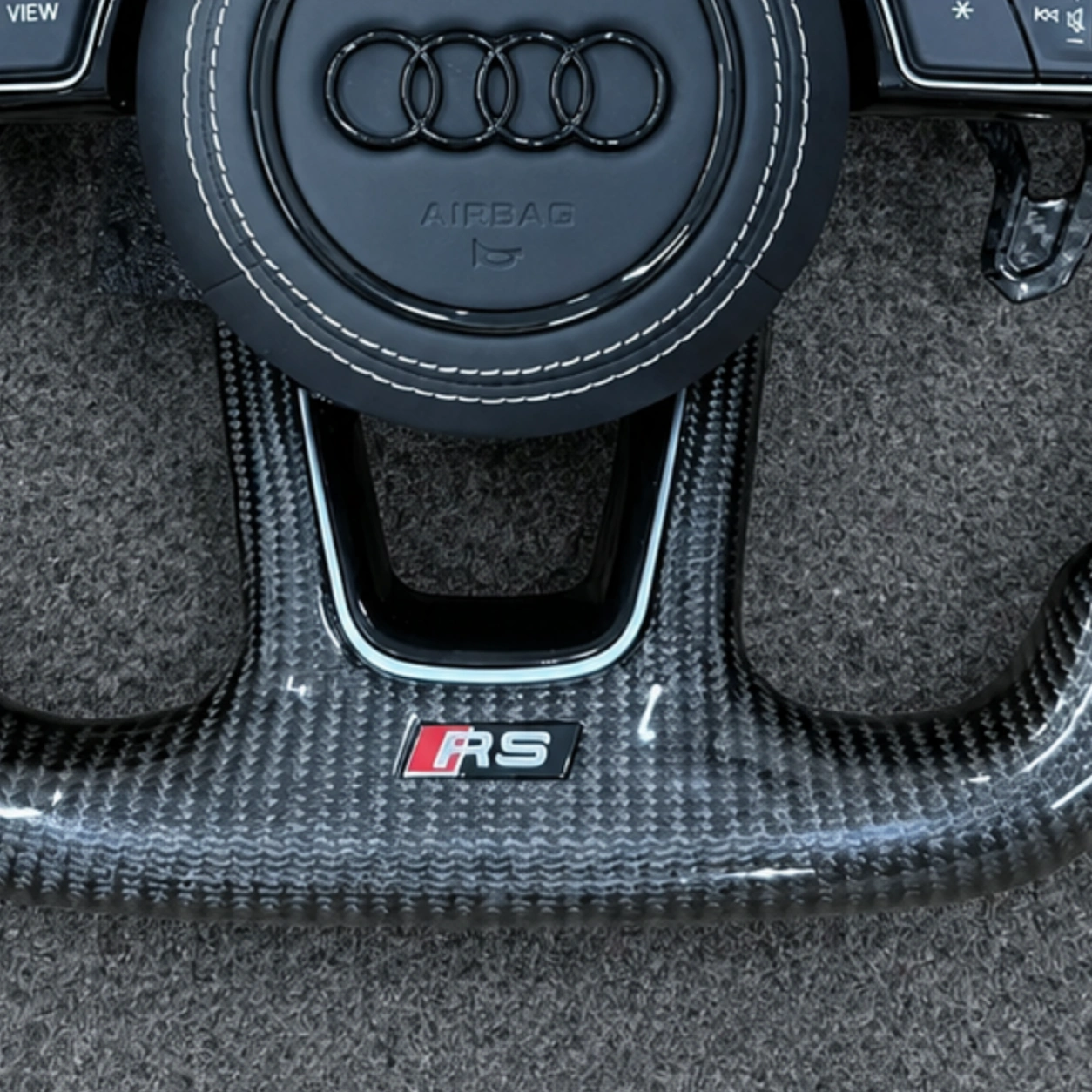 RS Sport Emblem Badge Detail On Custom LED Carbon Fiber Audi Steering Wheel JIONX