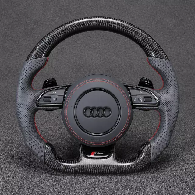 Custom Audi A8 D Series carbon fiber flat-bottom wheel with perforated Nappa leather and red stitching